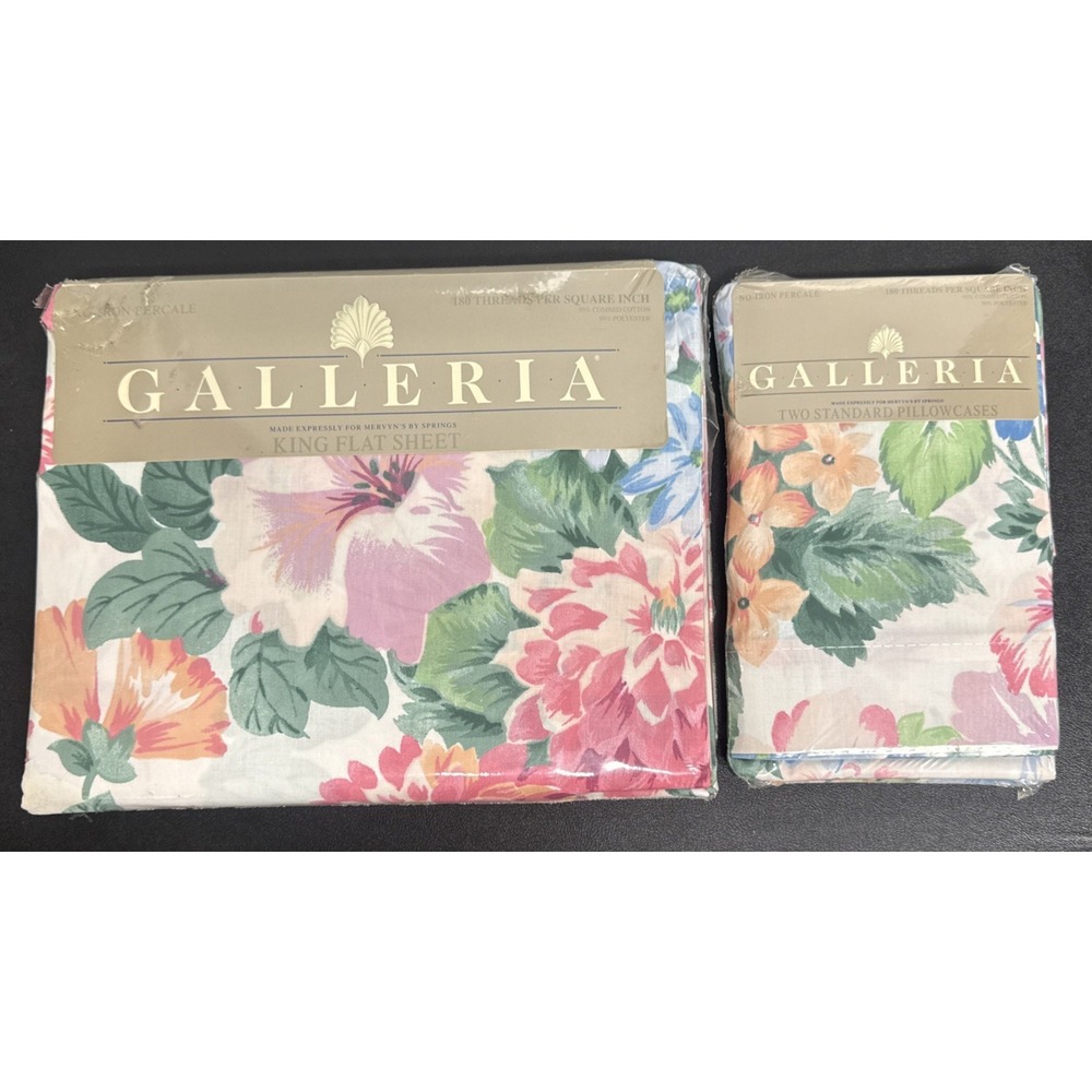 Vtg Sheet Pillowcases Galleria KING Flat + Standard Cases Cassie Pink Floral 90s